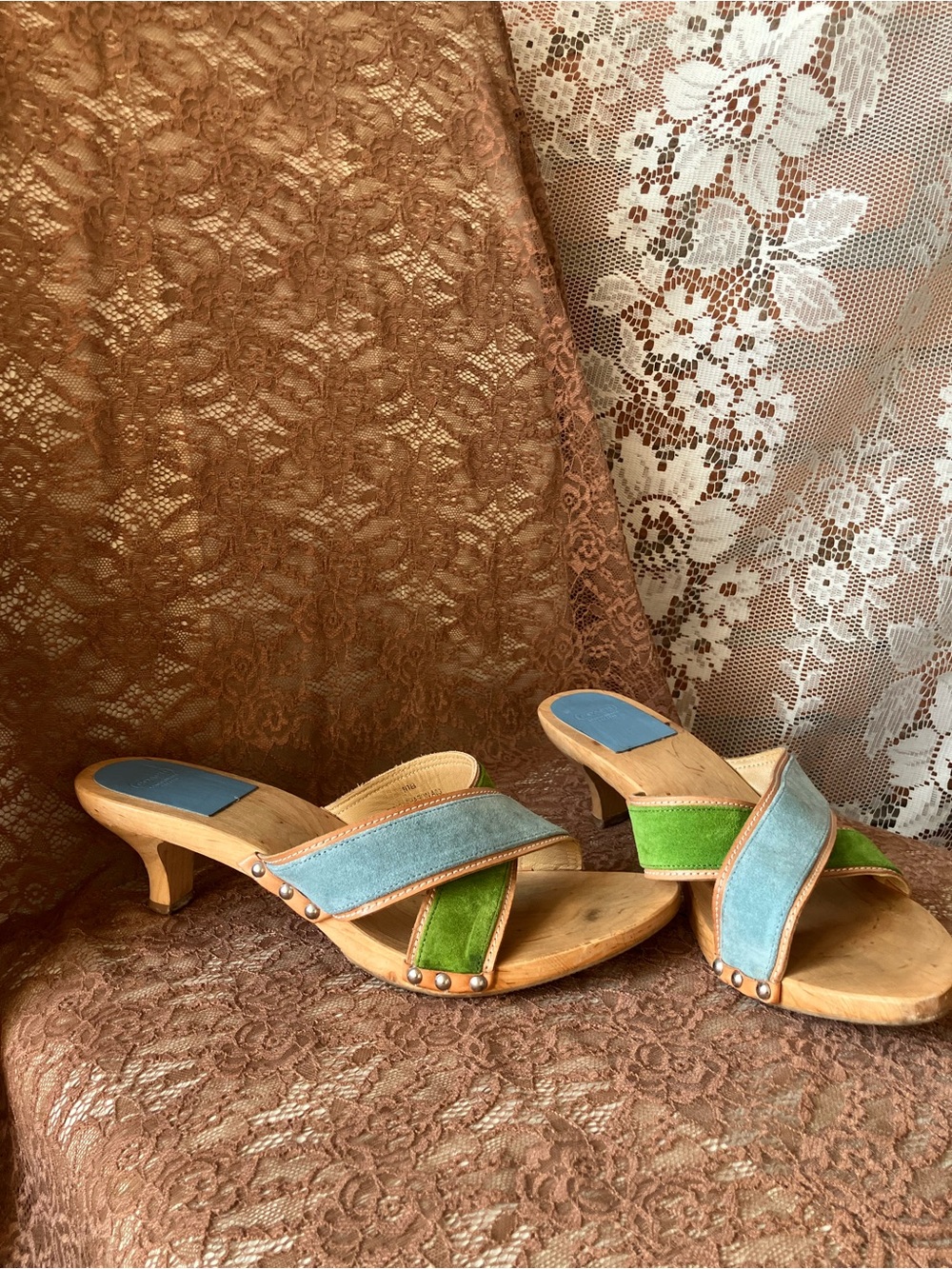 Women’s Two-Tone Blue and Green Suede Slide Heels